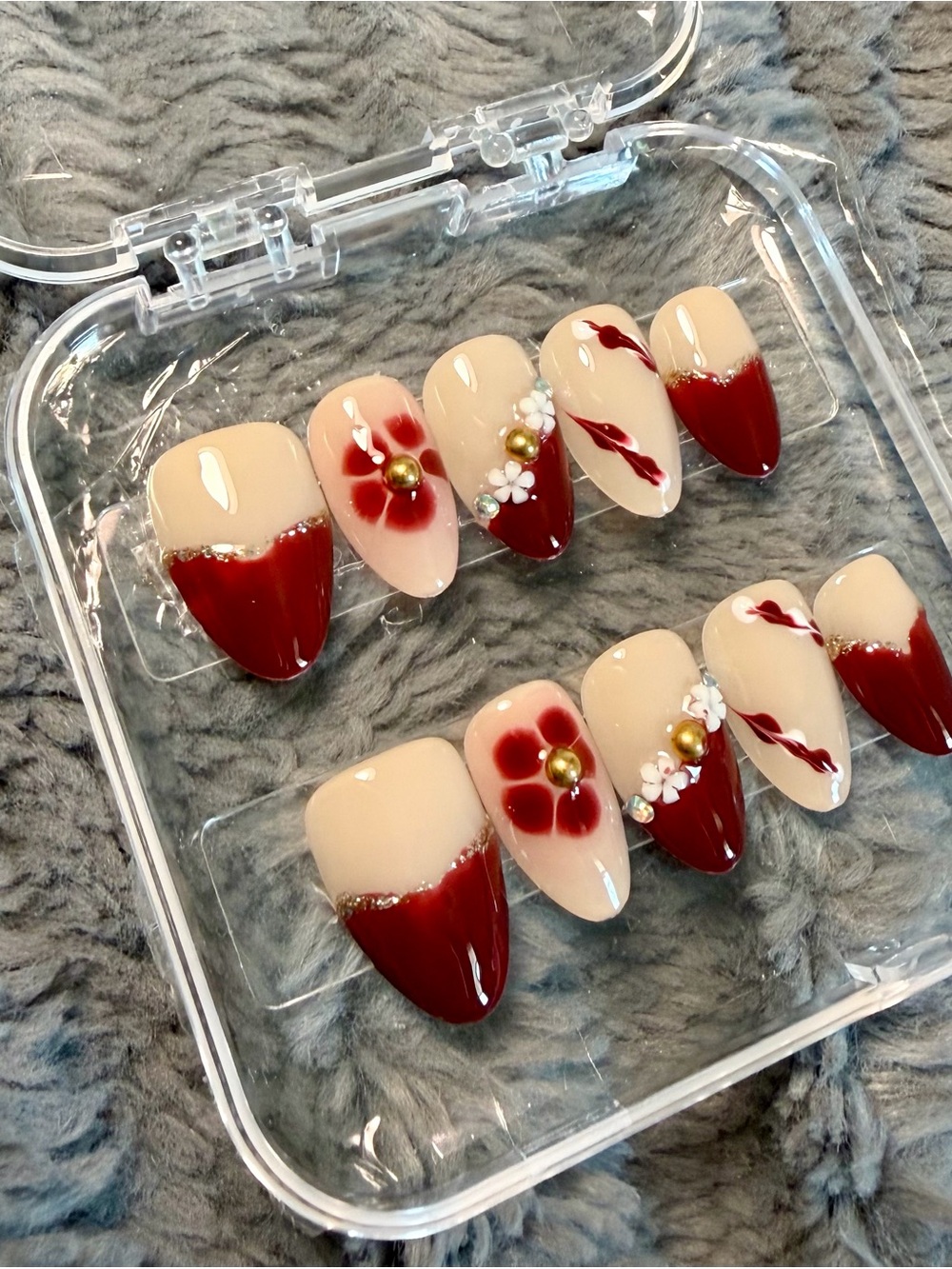 LARGE Nude & Burgundy Floral Press-On Nail Set